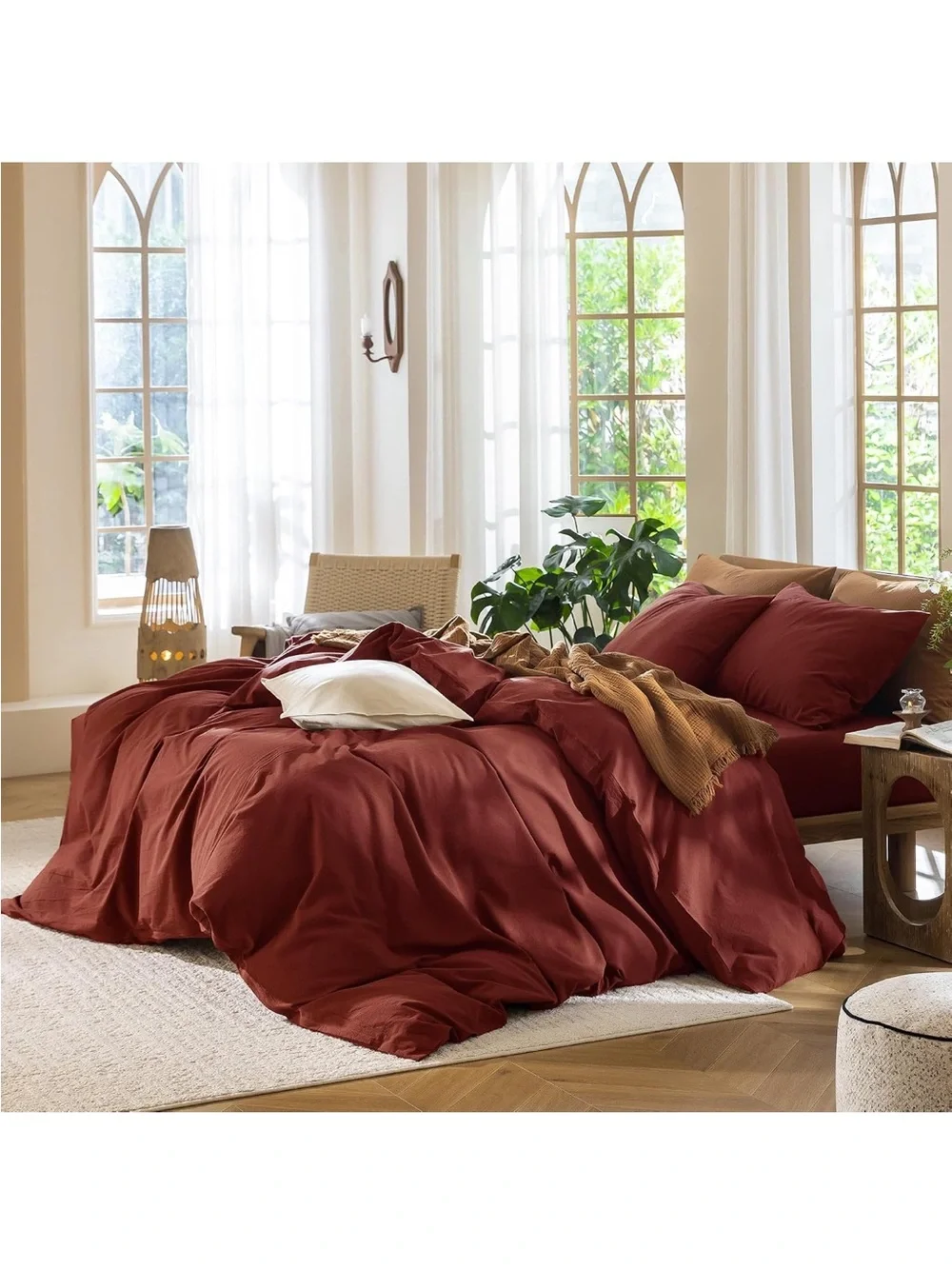 NEW MooMee 100% Washed Cotton Duvet Cover Set. Linen Like Texture, Rusty red